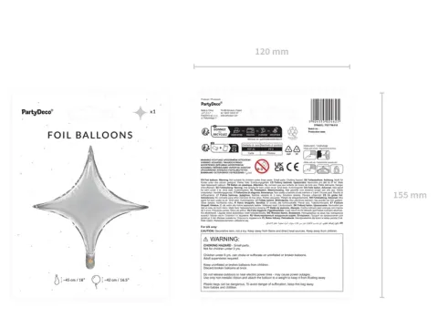 Balon foliowy Gwiazda 4-ramienna SREBRNA 45 cm