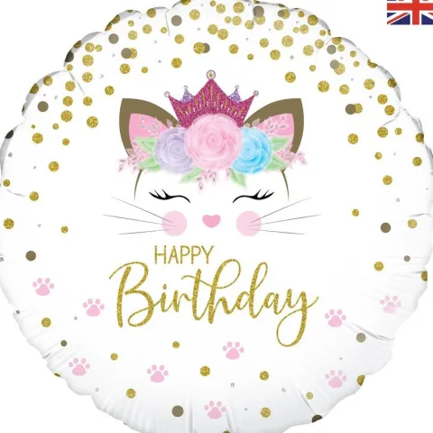 Balon foliowy Happy Birthday Kotek okrągły 18"