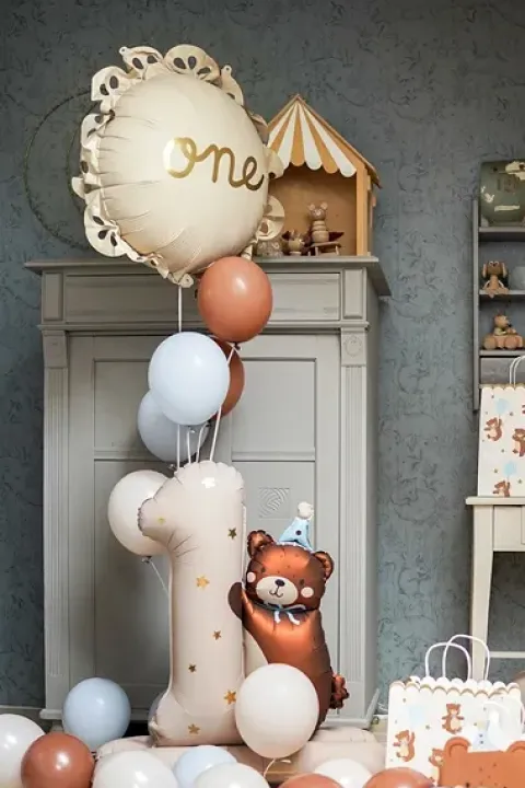 Balon foliowy stojący Cyfra 1 z misiem ROCZEK 81 x 72 cm