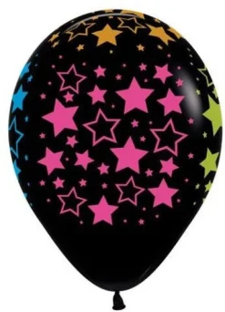 Balon Sempertex Czarny - Neonowe gwiazdki- 1 sztuka