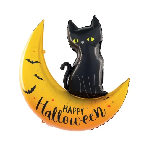 Balon foliowy Czarny Kot na księżycu Halloween 76x88 cm
