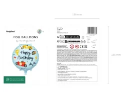 Balon foliowy okragły urodzinowy Happy Birthday Autka 35 cm