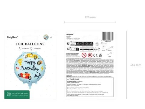 Balon foliowy okragły urodzinowy Happy Birthday Autka 35 cm
