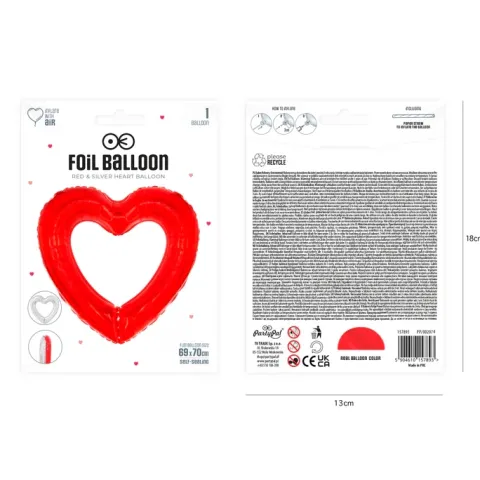Balon foliowy ramka Serce dwustronne czerwono- srebrne 69X70 cm