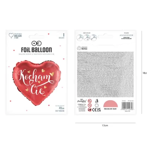 Balon foliowy serce z nadrukiem Kocham Cię 18 cali