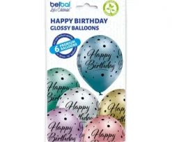 Balony lateksowe Happy Birthday kropki chrome 6 szt. mix
