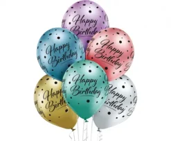 Balony lateksowe Happy Birthday kropki chrome 6 szt. mix
