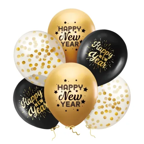 Balony Happy New Year Sylwester 12 cali zestaw 6 szt.
