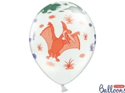 Balony z nadrukiem Dinozaury białe z kolorową grafiką 6 szt.