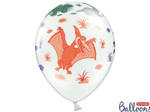 Balony z nadrukiem Dinozaury białe z kolorową grafiką 6 szt.