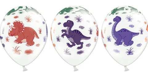 Balony z nadrukiem Dinozaury białe z kolorową grafiką 6 szt.