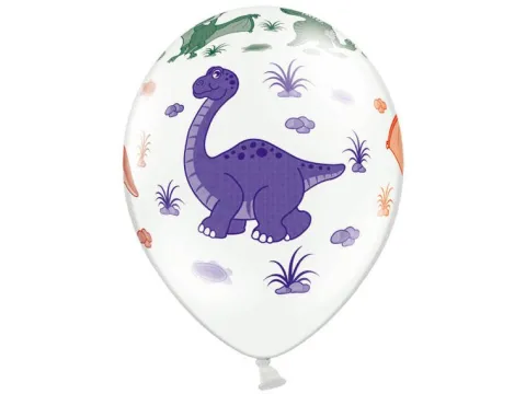 Balony z nadrukiem Dinozaury białe z kolorową grafiką 6 szt.