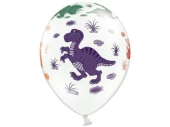 Balony z nadrukiem Dinozaury białe z kolorową grafiką 6 szt.