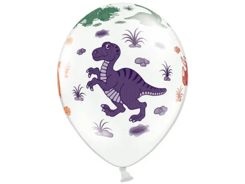 Balony z nadrukiem Dinozaury białe z kolorową grafiką 6 szt.