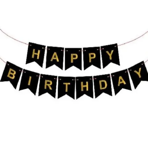 Baner girlanda CZARNY "Happy Birthday" złoty napis