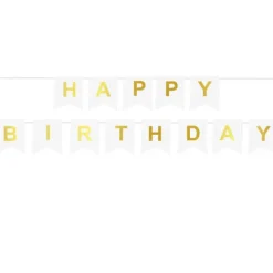Baner girlanda "Happy Birthday" złoty napis - BIAŁY