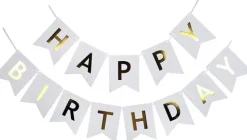 Baner girlanda "Happy Birthday" złoty napis - BIAŁY