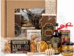 Box zestaw prezentowy prezent kawa miód syrop czekolada baton migdały kraft