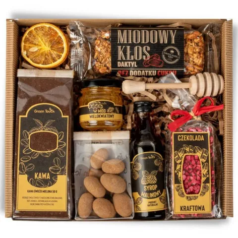 Box zestaw prezentowy prezent kawa miód syrop czekolada baton migdały kraft