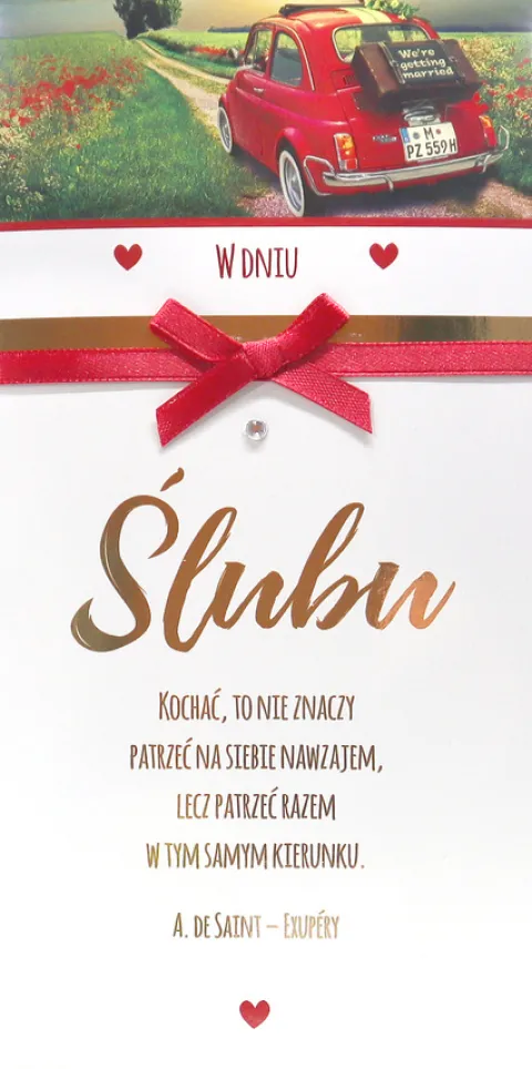Kartka okolicznościowa W DNIU ŚLUBU czerwone serca kokarda