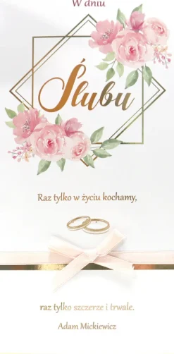 Kartka okolicznościowa W DNIU ŚLUBU kwiaty kokardka