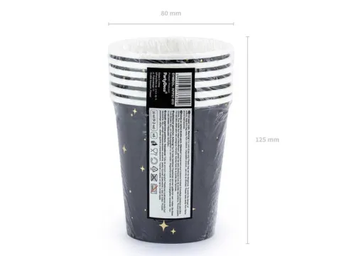 Kubeczki papierowe czarne ze złotym zdobieniem 260 ml 6 szt. Sylwester Karnawał