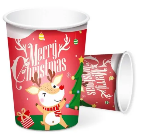 Kubeczki papierowe Merry Christmas czerwone z reniferem 6 szt.