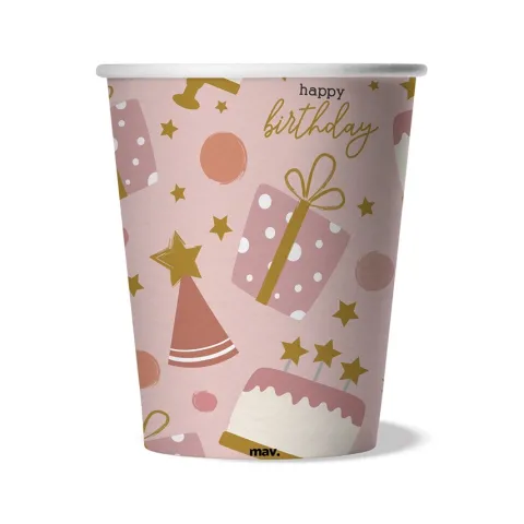 Kubeczki papierowe Happy Birthday różowe TORT 250 ml 8 szt.
