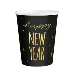 Kubeczki papierowe Happy New Year czarno-złote na Sylwestra 220ml 6szt.
