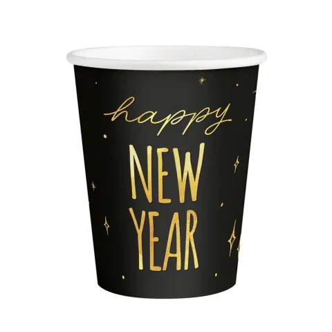 Kubeczki papierowe Happy New Year czarno-złote na Sylwestra 220ml 6szt.