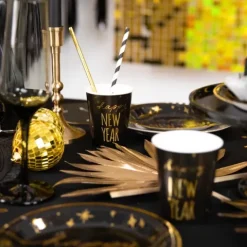 Kubeczki papierowe Happy New Year czarno-złote na Sylwestra 220ml 6szt.