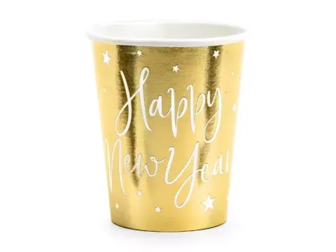 Kubeczki papierowe Happy New Year Sylwester złote 220ml 6 szt.