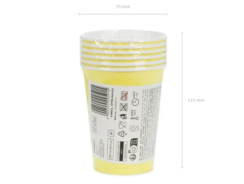 Kubeczki papierowe jednokolorowe żółte 250ml 6 szt. PartyDeco