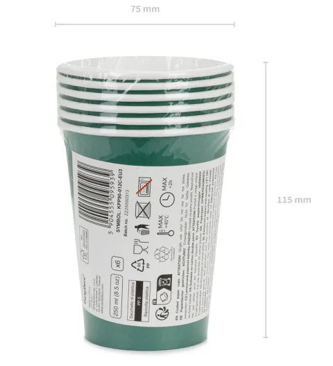 Kubeczki papierowe jednokolorowe ciemny zielony 250ml 6 szt. PartyDeco