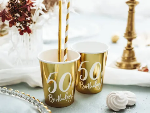 Kubeczki papierowe 50th Birthday złote 220 ml 6 szt.