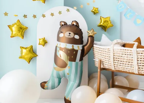 Miś niedźwiadek w szelkach balon foliowy 72x104 cm