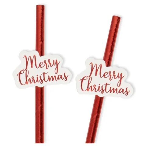 Słomki do picia papierowe czerwone metaliczne 10szt Merry Christmas