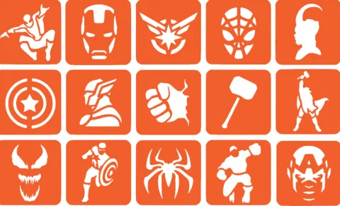 Szablony do tatuaży brokatowych ZESTAW 15 szt. mix MARVEL