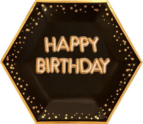 Talerzyki papierowe czarne w złote gwiazdki - HAPPY BIRTHDAY