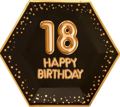Talerzyki papierowe czarne w złote gwiazdki - 18 HAPPY BIRTHDAY