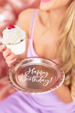 Talerzyki papierowe Happy Birthday Złoty róż 18 cm 6 szt.