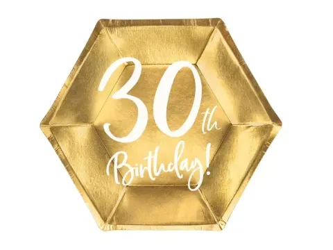 Talerzyki papierowe 30th Birthday złote 20 cm 6 szt.