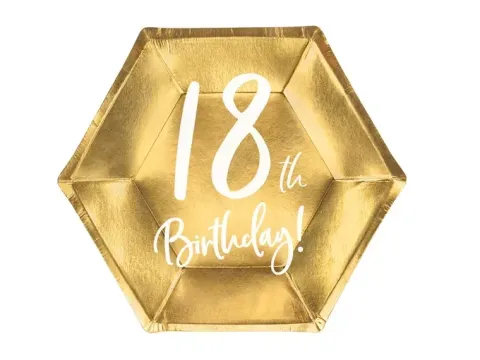 Talerzyki papierowe 18th Birthday złote 20 cm 6 szt.