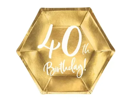 Talerzyki papierowe 40th Birthday złote 20 cm 6 szt.