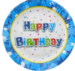 Talerzyki papierowe Happy Bithday niebieskie okrągłe 18cm 6 szt