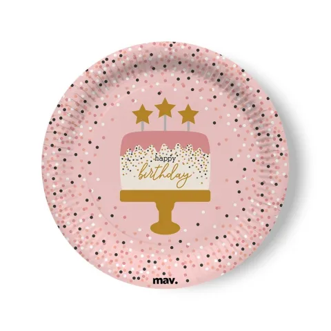 Talerzyki papierowe Happy Birthday różowe TORT 23 cm 8 szt.