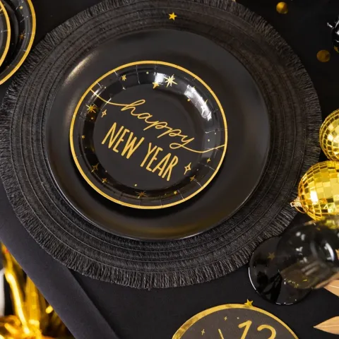 Talerzyki papierowe Happy New Year czarno-złote na Sylwestra 18 cm 6 szt.