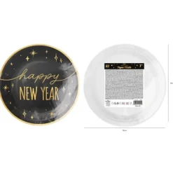 Talerzyki papierowe Happy New Year czarno-złote na Sylwestra 18 cm 6 szt.
