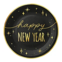 Talerzyki papierowe Happy New Year czarno-złote na Sylwestra 18 cm 6 szt.