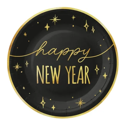 Talerzyki papierowe Happy New Year czarno-złote na Sylwestra 18 cm 6 szt.